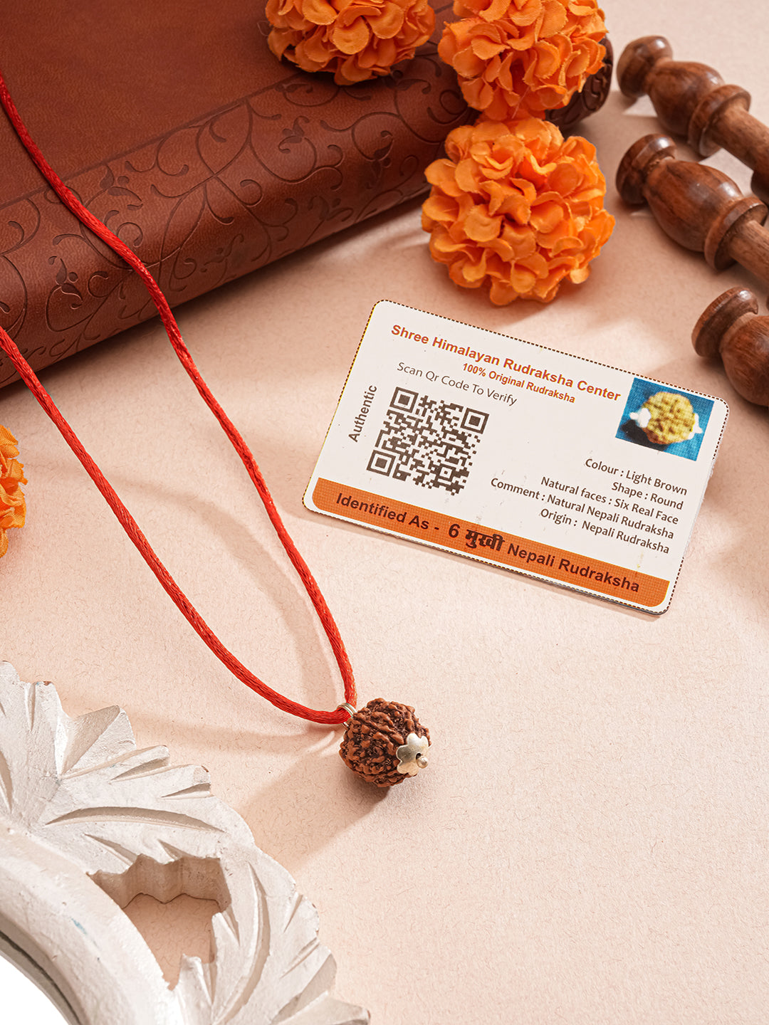 Natural 6 Mukhi Faces Rudraksh With Certificate  In Red Thread Pendant Necklace & Chain